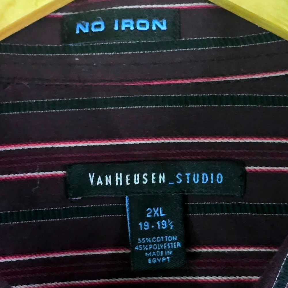 Van Heusen Studio Mens 2XL Button Down Dress Shirt Burgundy Striped No Iron - Picture 2 of 7